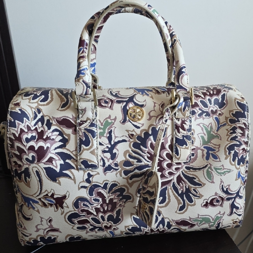 Tory Burch Cream and Blue Floral Satchel with Top Handle